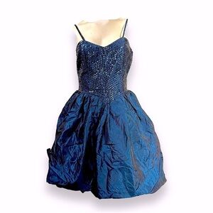 Vintage 80’s Blue Prom Dress Short Bubble Hem Taffeta Sparkle Sequins Sleeveless